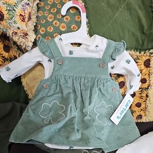 Carter's Green Newborn Girl Corduroy Dress with Shamrock Design